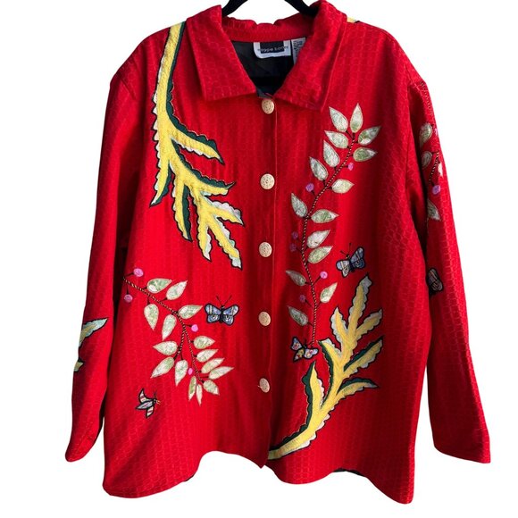 Maggie Barnes Red Embroidered Leaf Butterfly Quilted Button Long Sleeve Jacket 4 - Picture 1 of 11